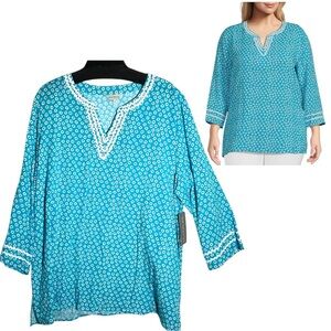 NEW Multiples Crinkle Split V-Neck 3/4 Sleeve Ric-Rac Trim Fitted Tunic Size 2X